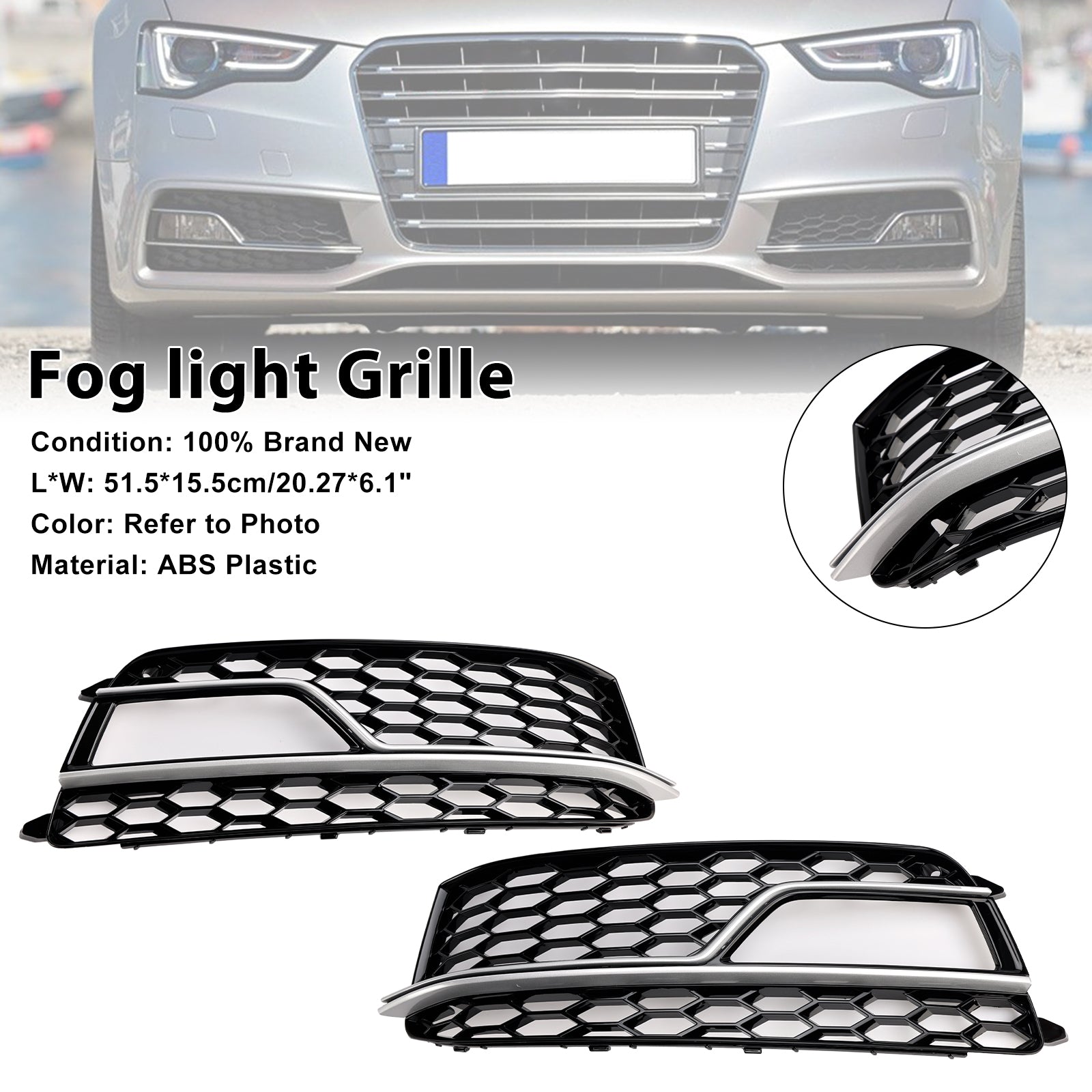 2013-2016 Audi A5 Sline / S5 2PCS Front Fog Lamp Black Grill Honeycomb Replacement Grille