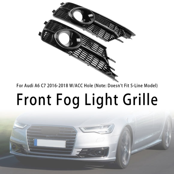 Audi A6 C7 Facelift 2015-2016 W/ACC Hole Pair Front Bumper Lower Light Cover Grille Black Grill