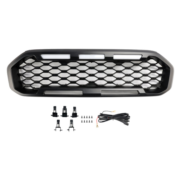 Ford Ranger 2019-2023 Grille de pare-chocs avant Raptor/Nid d'abeille/Grille noire de style maille avec 3 lumières LED blanches