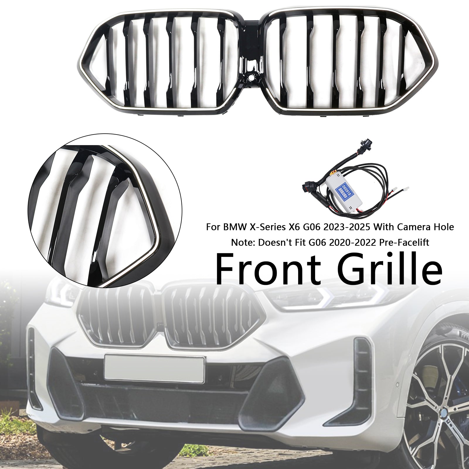 Black Front Bumper Grille Grill Fit BMW X6 G06 M60i 2023-2025 W/Camera Hole