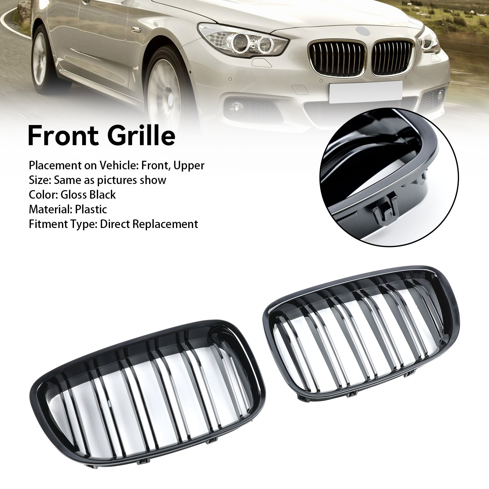 2009-2017 BMW 5 Series GT F07 535i GT/550i GT/528i GT/540i GT Front Kidney Grille Gloss Black Grill