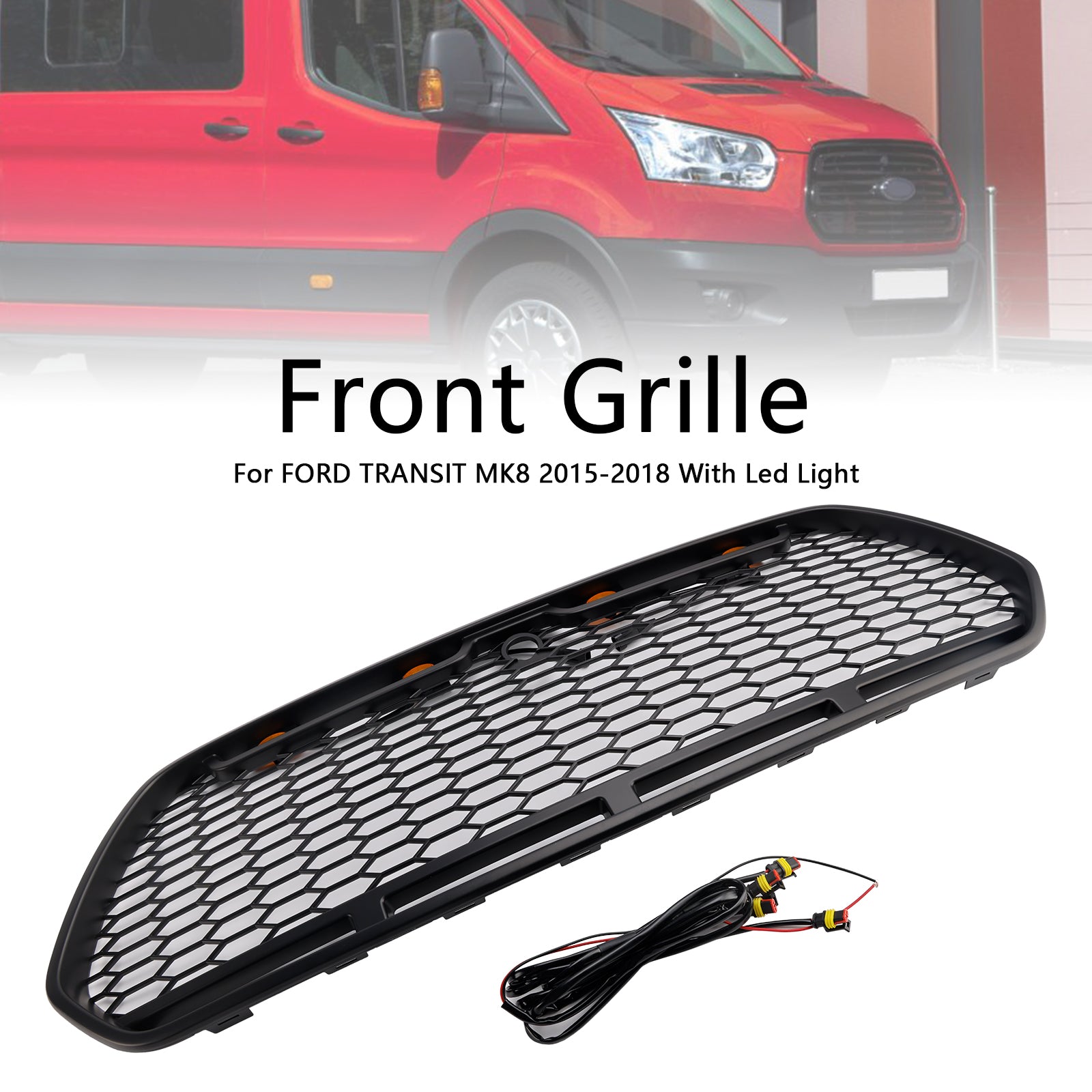 Ford Transit MK8 2015 2016 2017 2018 2019 Matt Black Honeycomb Style Grill Front Bumper Air Intake Radiator Grille W/ LED Light