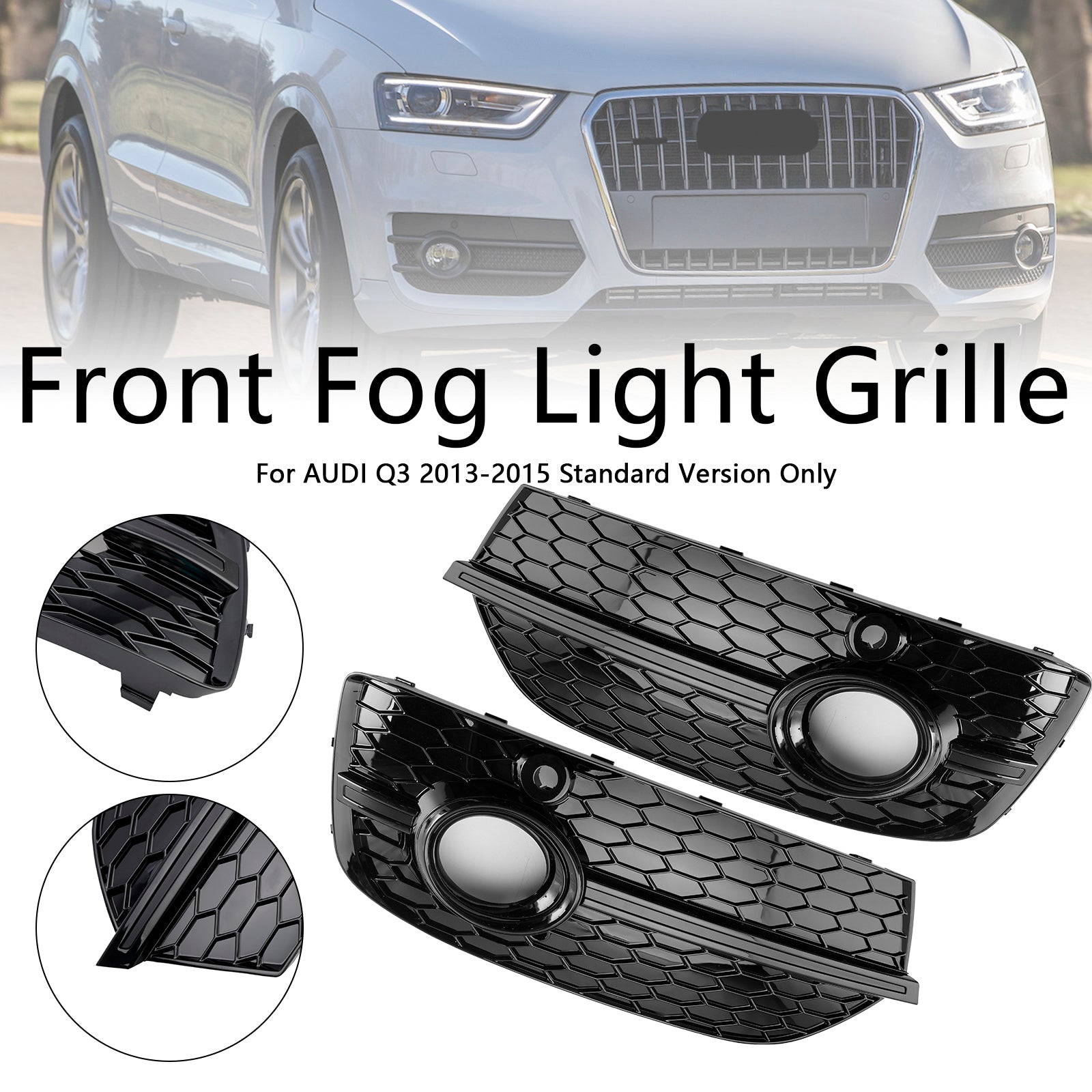 Couvre-phares antibrouillard avant en nid d'abeille de style RSQ3 pour Audi Q3 2013-2015 Noir brillant