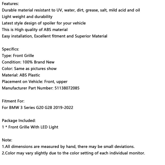 Grade preta de rim 51138072085 Fit BMW Série 3 G20 2019-2022 M-Style