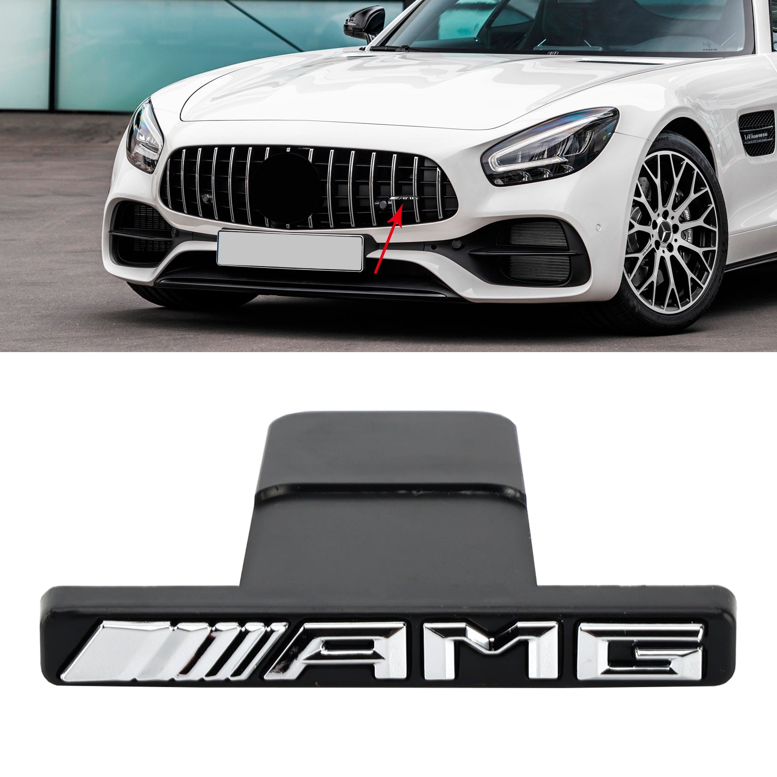 Emblema de parrilla AMG con franja vertical delantera para Mercedes-Benz, cromado, rojo y negro.