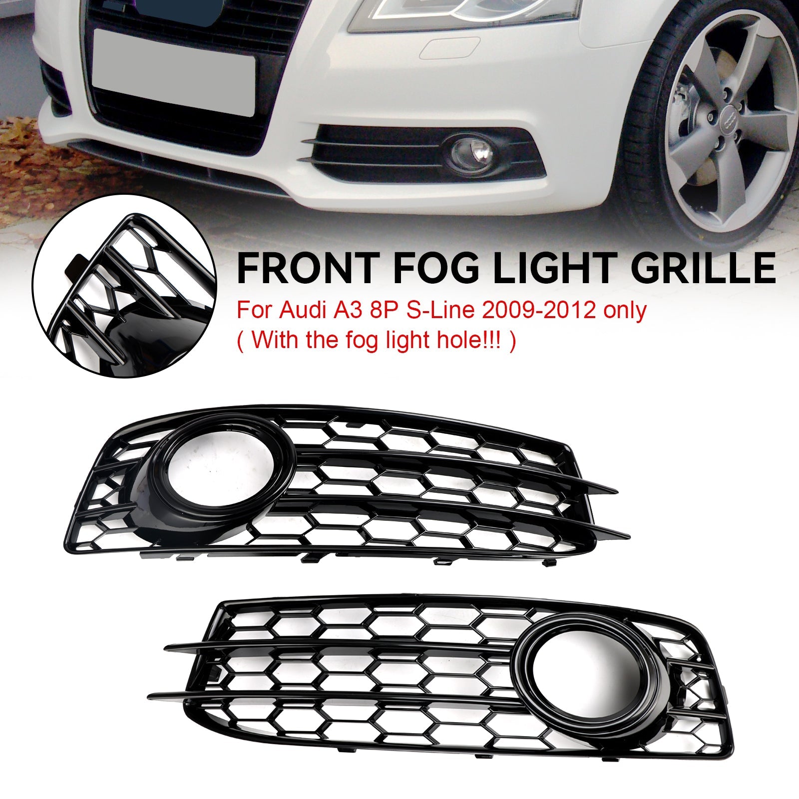 Audi 2009-2012 A3 8P S-Line 8P0807682 8P0807681 Honeycomb Front Bumper Fog Light Grill Cover