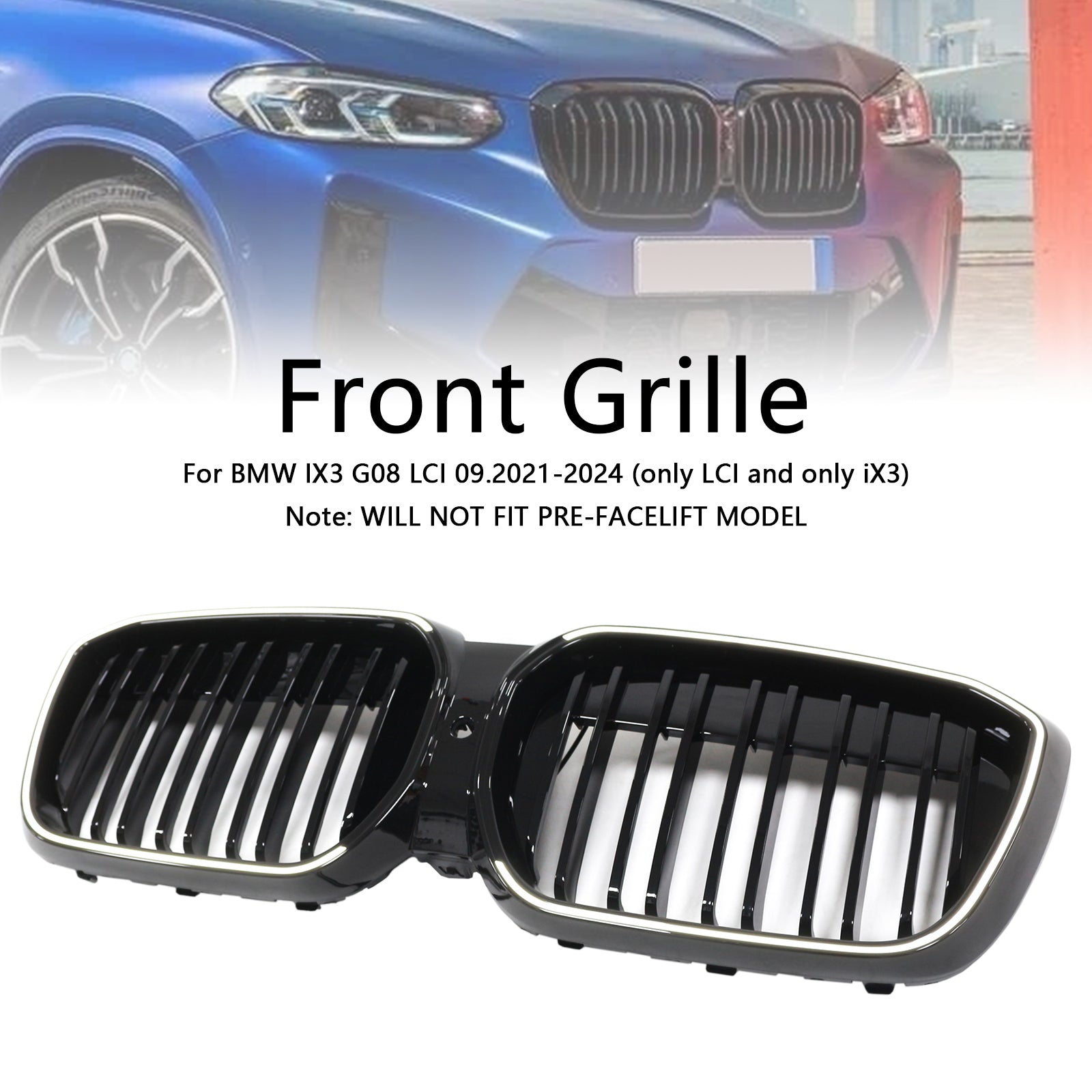 Parrilla delantera tipo riñón de doble lama en color negro brillante compatible con BMW IX3 G08 LCI 2022-2024