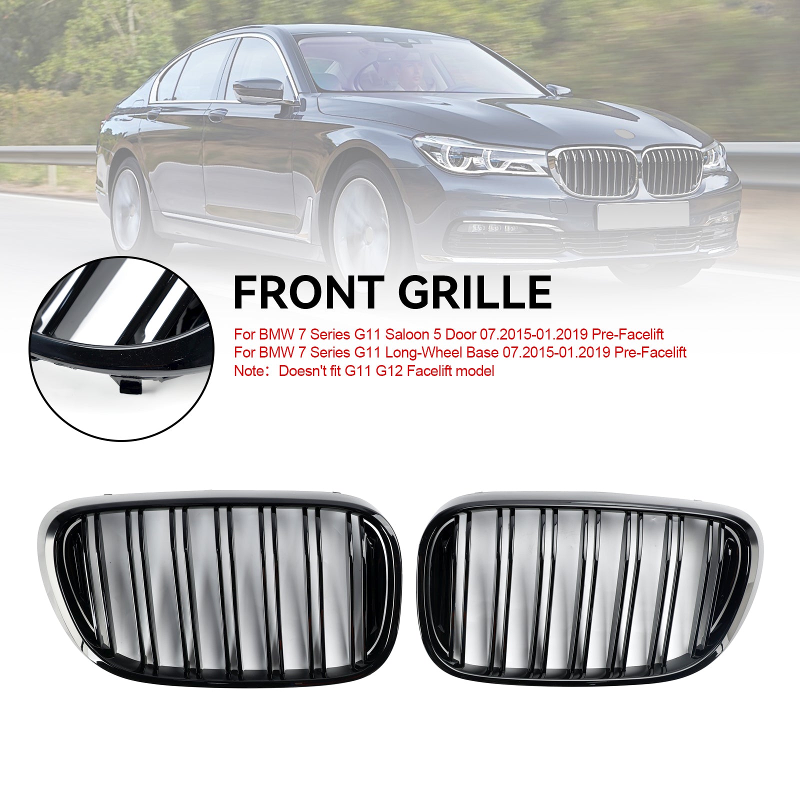 2015-2019 BMW 7 Series G11 Saloon/Sedan 740i/750i/740e xDrive Front Kidney Grill Black 2 Slat Grille