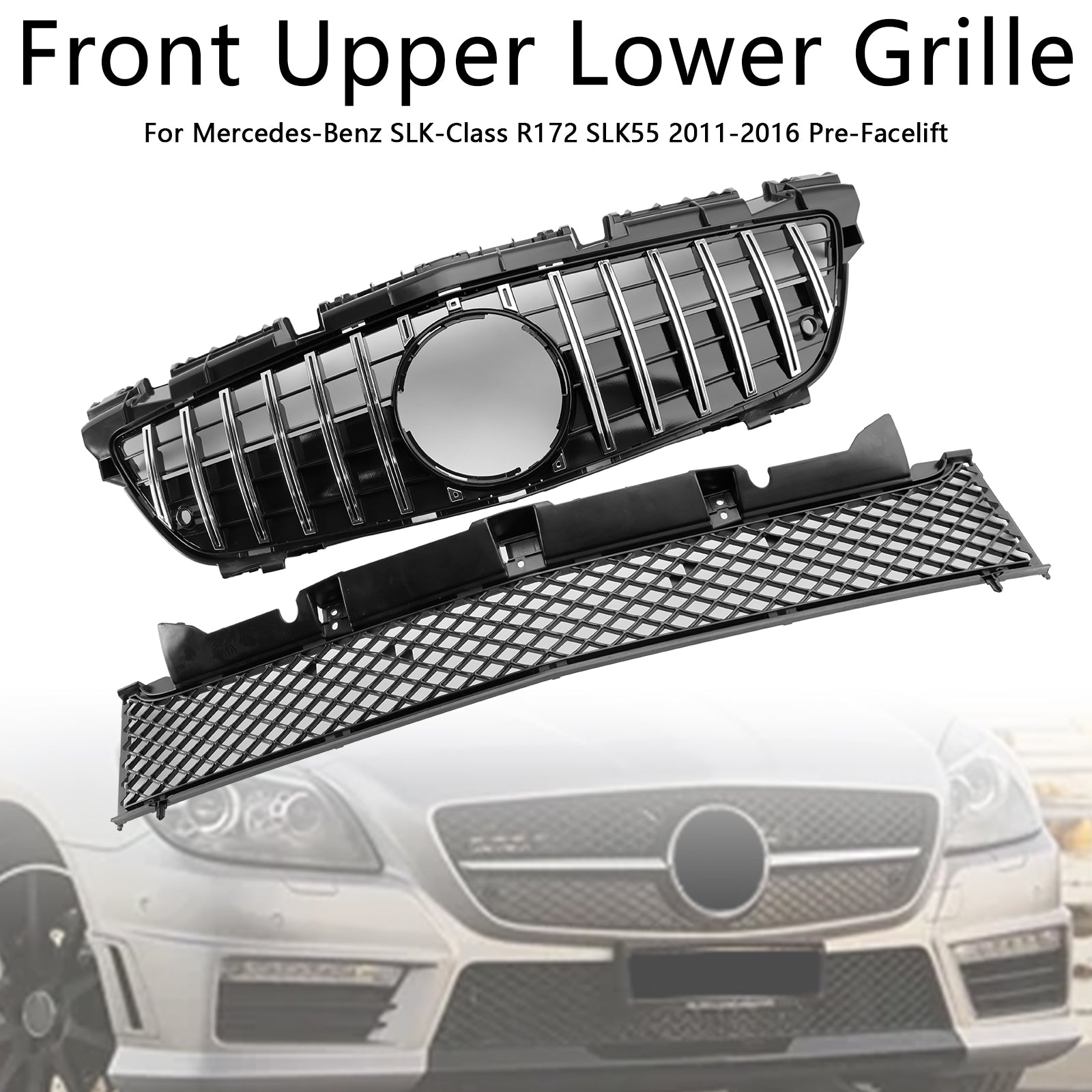 Chrome Front Upper Lower Grille Fit Mercedes SLK-Class R172 SLK55 2011-2016