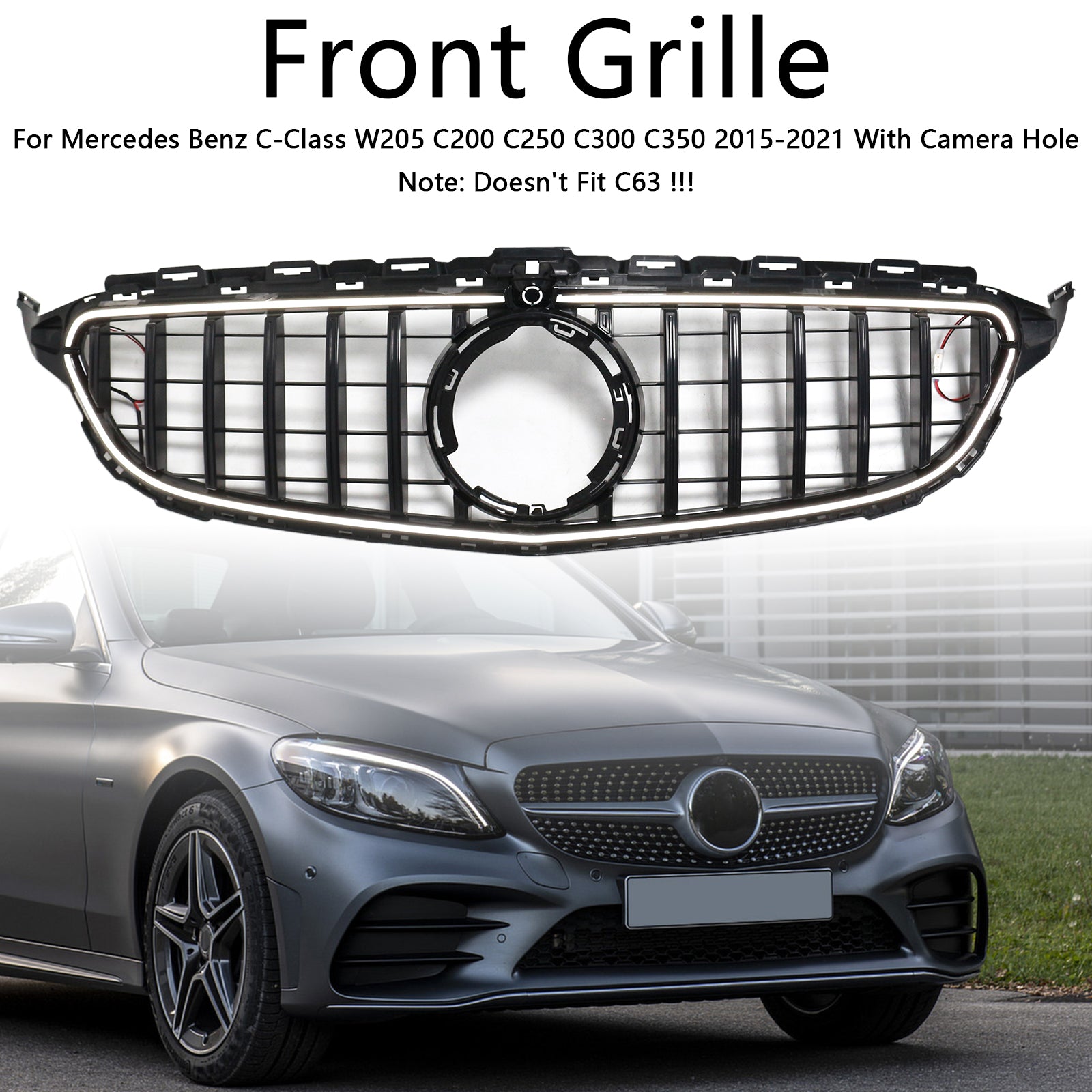 2015-2021 Mercedes Benz C-Class W205 GTR Style Grill Front Bumper Replacement Black Grille W/ LED Strip Light & Camera Hole