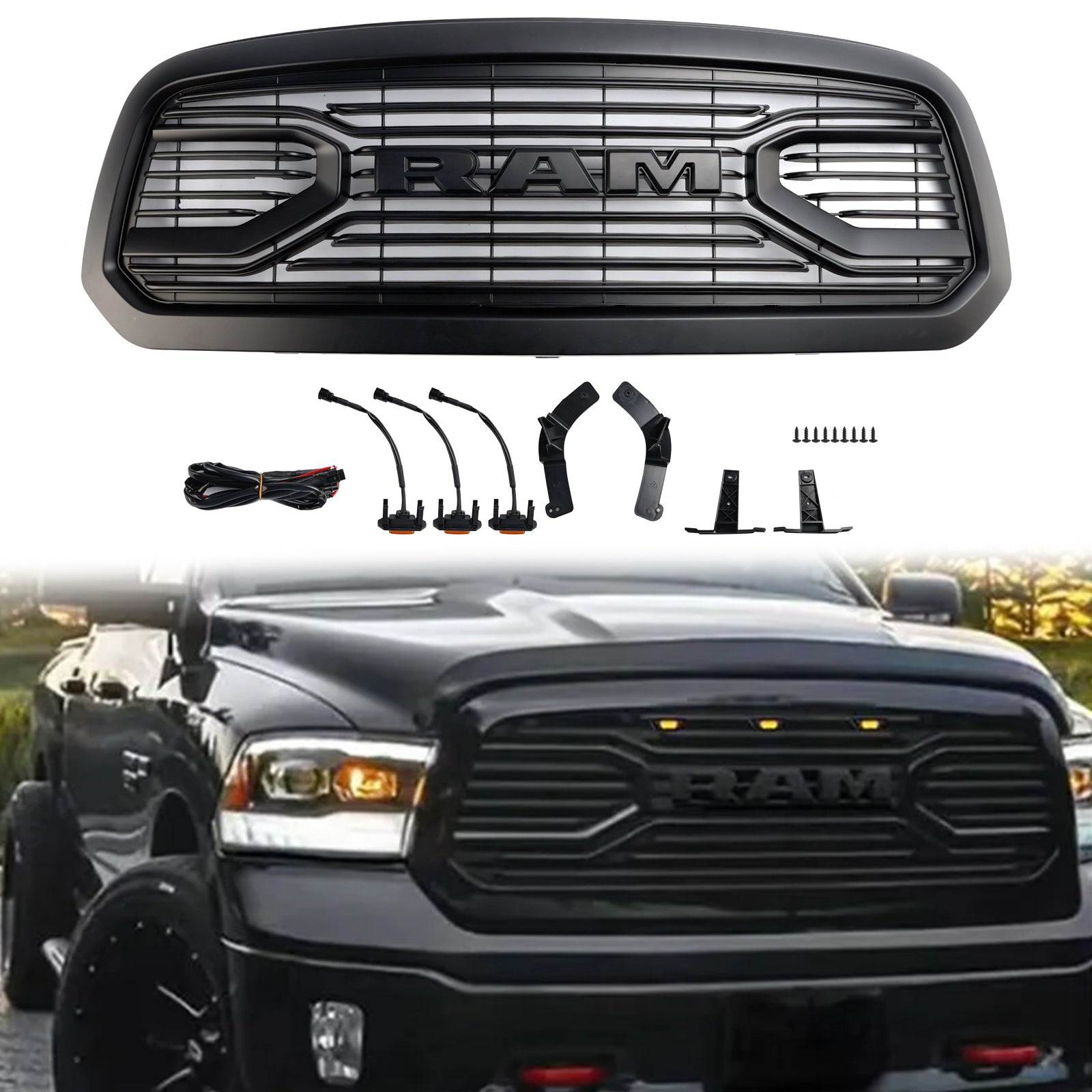 2013-2018 Dodge Ram 1500 Big Horn Style Grille Matte Black Front Bumper Grill W/ LED Light
