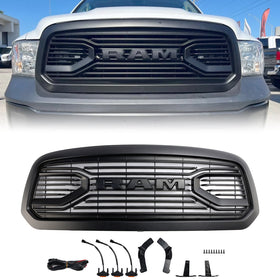 2013-2018 Dodge Ram 1500 Big Horn Style Grille Matte Black Front Bumper Grill W/ LED Light