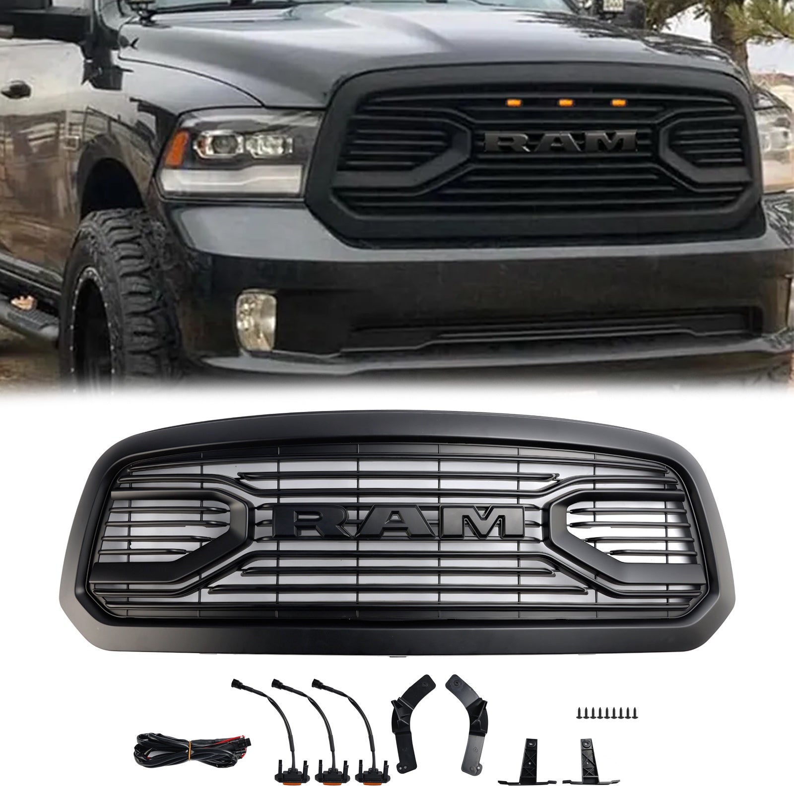 2013-2018 Dodge Ram 1500 Big Horn Style Grille Matte Black Front Bumper Grill W/ LED Light
