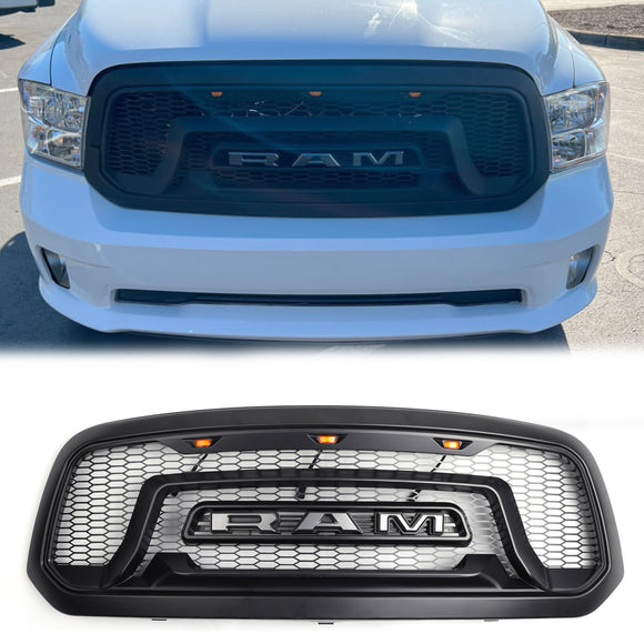 2013-2018 Dodge Ram 1500 Rebel Style Grill Front Bumper Replacement Black Grille W/ Letter and LED Light