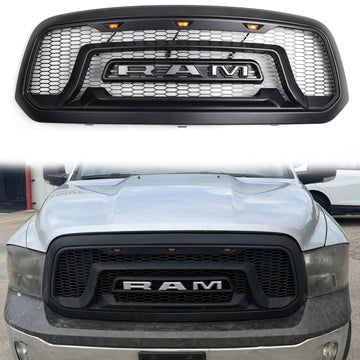 2013-2018 Dodge Ram 1500 Rebel Style Grill Front Bumper Replacement Black Grille W/ Letter and LED Light - 0