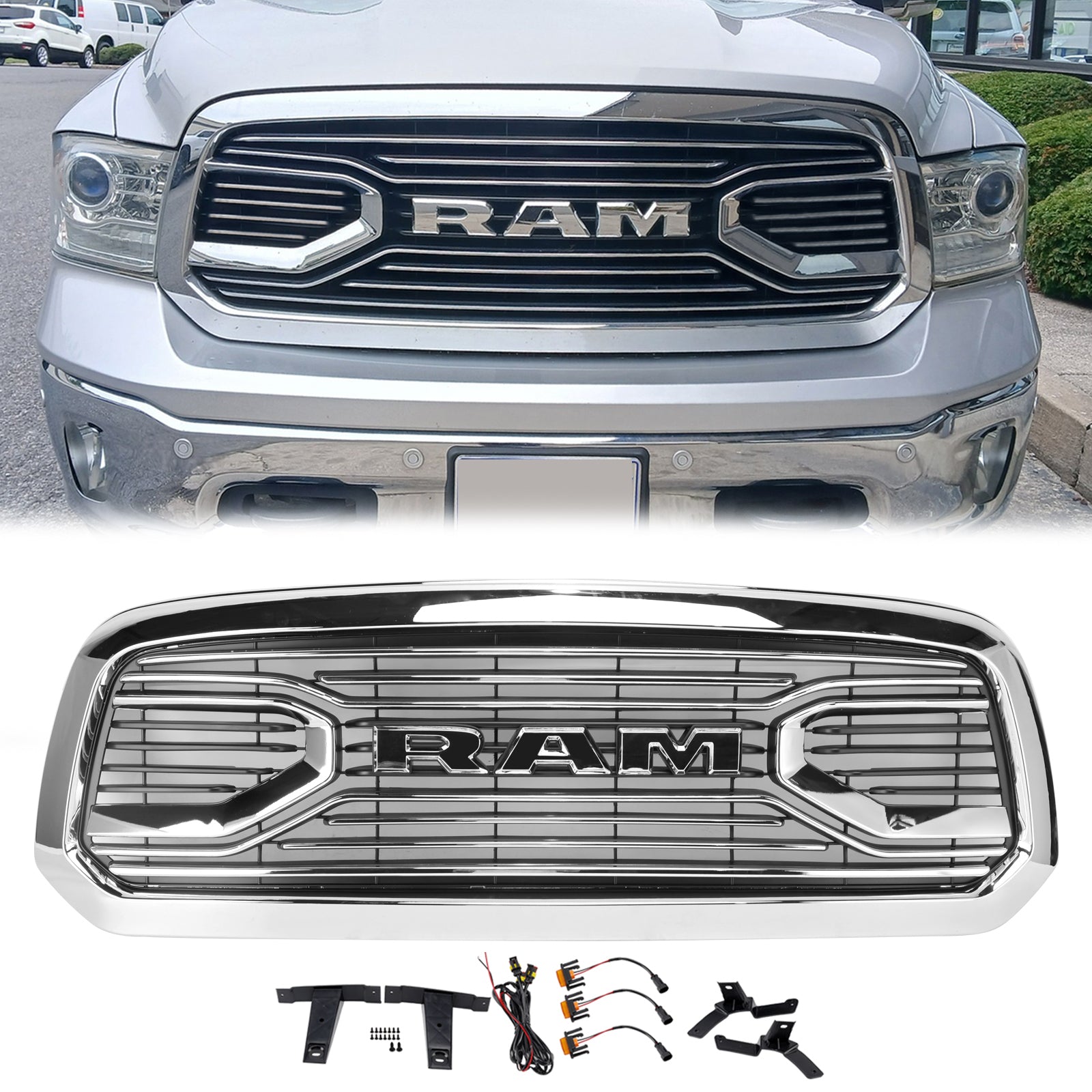 Ram 1500 2013-2018 Chrome Grille Big Horn / Rebel Style Front Bumper Grill With LED Light