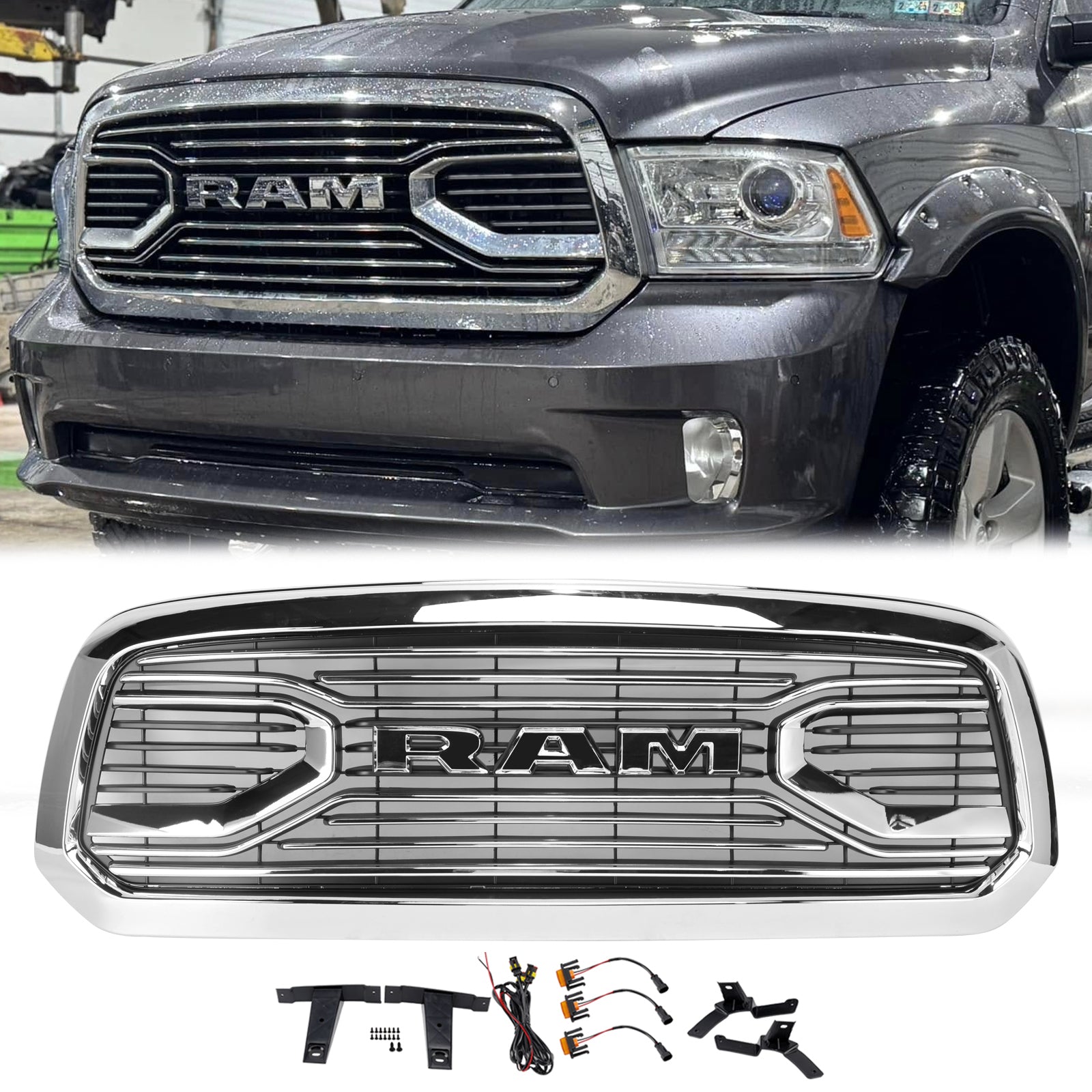 Ram 1500 2013-2018 Chrome Grille Big Horn / Rebel Style Front Bumper Grill With LED Light