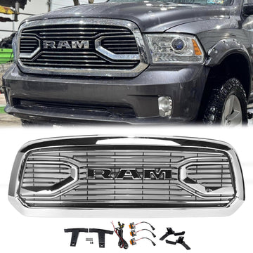 Ram 1500 2013-2018 Chrome grade grande chifre/grelha rebelde do amortecedor dianteiro estilo com luz do diodo emissor de luz