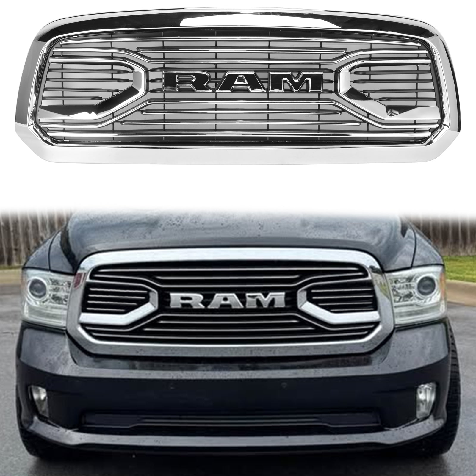 Ram 1500 2013-2018 Chrome Grille Big Horn / Rebel Style Front Bumper Grill With LED Light