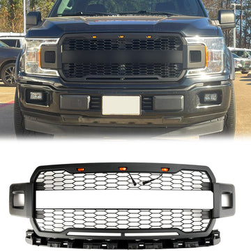 Ford F-150 2018 2019 2020 Kühlergrill im Raptor-Stil mit LED-Leuchten Ersatz für die vordere Stoßstange, mattschwarzer Kühlergrill mit FORD-Buchstaben