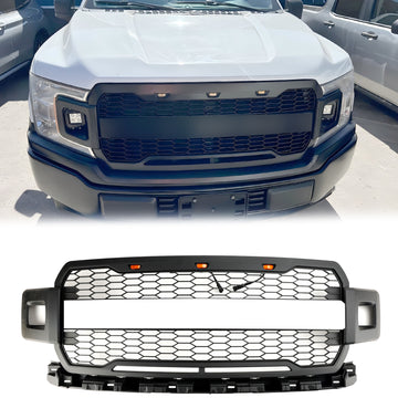 Raptor-Stil | Ford F150 | Schwarzer Frontgrill | 2018-2020 | Vom Stoßstangen-Wabengrill + LED-Licht + FORD-Buchstabe