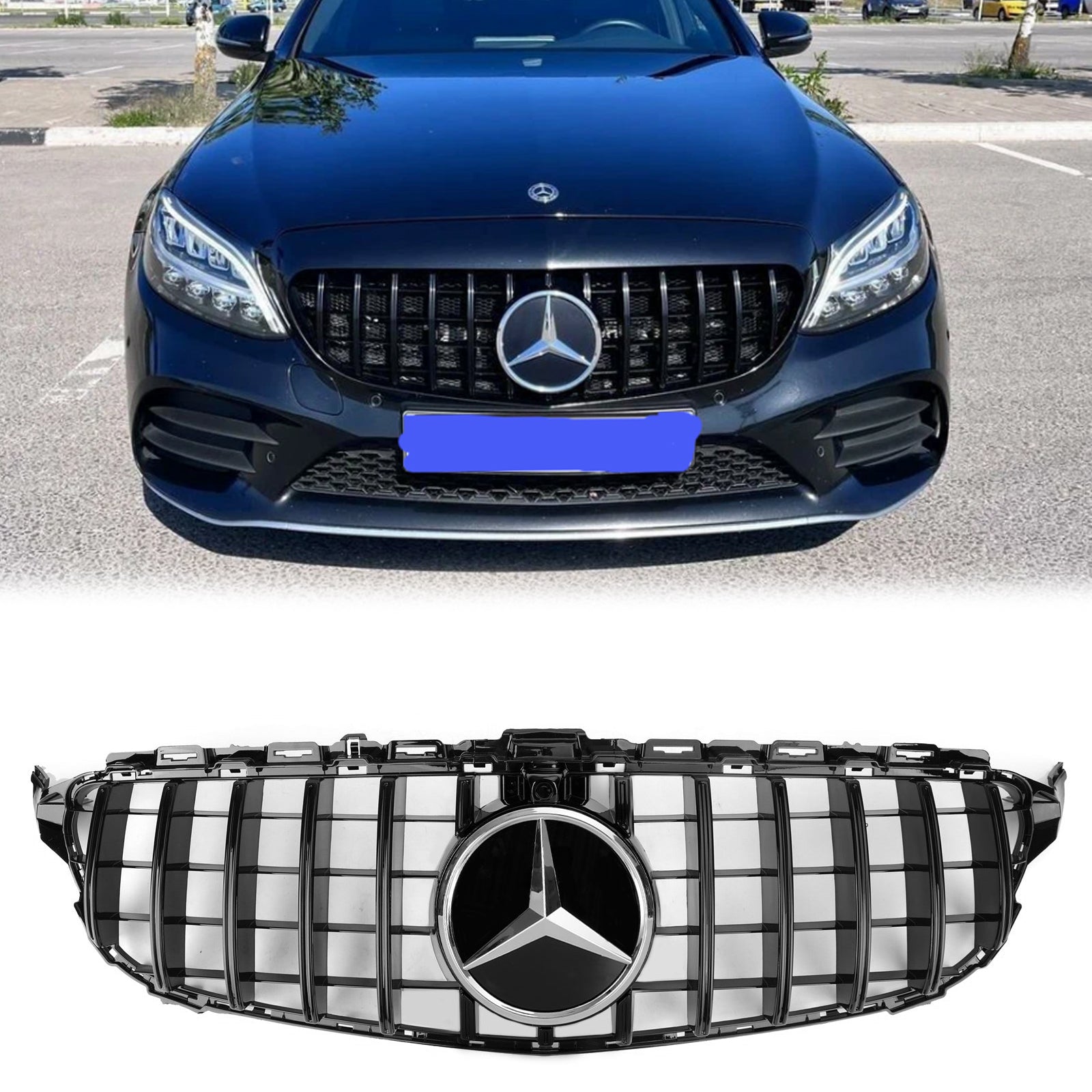 Mercedes Benz C-Class W205 C205 A205 2019 2020 2021 GTR Style Grille Glossy Black Front Bumper Grille W/Camera Hole