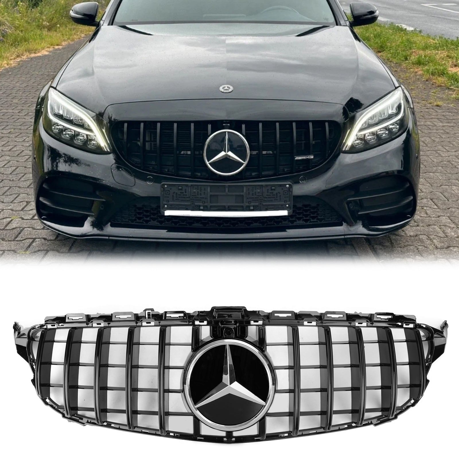 Mercedes Benz C-Class W205 C205 A205 2019 2020 2021 GTR Style Grille Glossy Black Front Bumper Grille W/Camera Hole