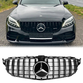 Mercedes Benz C-Klasse W205 C205 A205 2019 2020 2021 GTR-stijl grille glanzend zwart voorbumperrooster met cameragat
