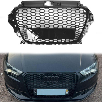 Audi A3/A3 Sline/S3 2013-2016 Parrilla delantera Radiador de entrada de aire Parrilla de parachoques RS en forma de panal negro brillante con emblema de anillos