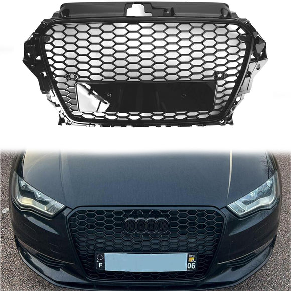 Audi A3/A3 Sline/S3 2013-2016 Parrilla delantera Radiador de entrada de aire Parrilla de parachoques RS en forma de panal negro brillante con emblema de anillos