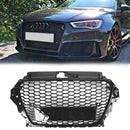 Audi A3/A3 Sline/S3 2013-2016 Parrilla delantera Radiador de entrada de aire Parrilla de parachoques RS en forma de panal negro brillante con emblema de anillos-3