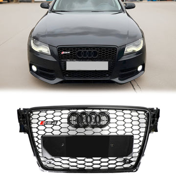 Audi A4/ A4 Sline/ S4 B8 2008-2012 RS4 Honeycomb Grille Front Bumper Mesh Black Grill With Ring Emblem - 0