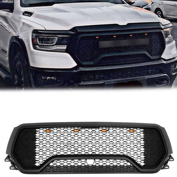 Dodge Ram 1500 2019-2024 Parrilla delantera estilo rebelde Parachoques delantero negro Parrilla superior en forma de panal con LED & Letra RAM