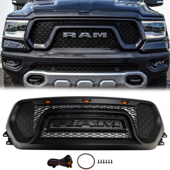 Dodge Ram 1500 2019-2024 Grade dianteira estilo rebelde Grade superior preta em favo de mel com LED