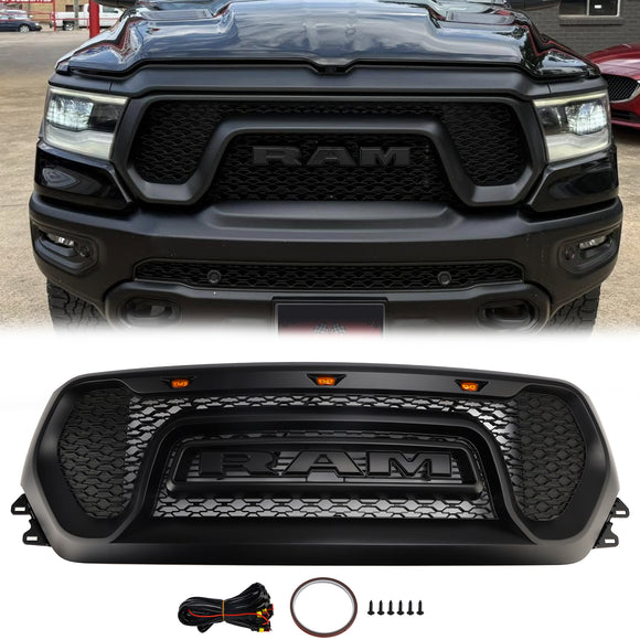 Dodge Ram 1500 2019-2024 Grade dianteira estilo rebelde Grade superior preta em favo de mel com LED