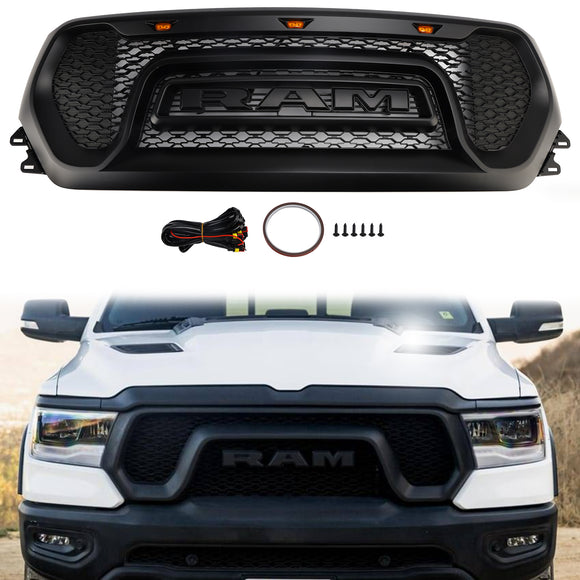 Dodge Ram 1500 2019-2024 Grade dianteira estilo rebelde Grade superior preta em favo de mel com LED