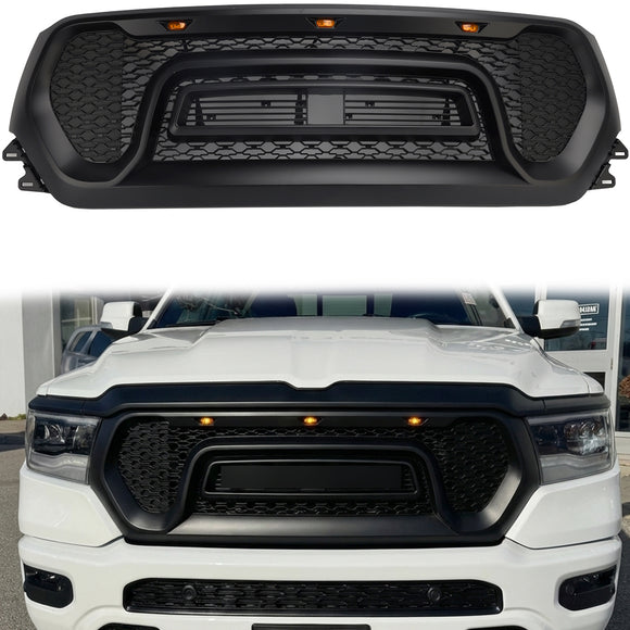 Dodge Ram 1500 2019-2024 Parrilla delantera estilo rebelde Parachoques delantero negro Parrilla superior en forma de panal con LED & Letra RAM