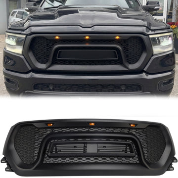 Dodge Ram 1500 2019-2024 Rebel Style Front Grill Black Front Bumper Honeycomb Upper Grille W/ LED & RAM Letter