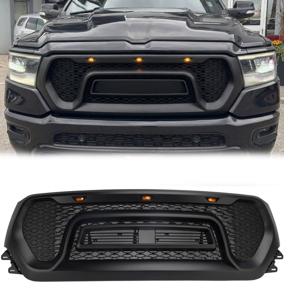 Dodge Ram 1500 2019-2024 Parrilla delantera estilo rebelde Parachoques delantero negro Parrilla superior en forma de panal con LED & Letra RAM