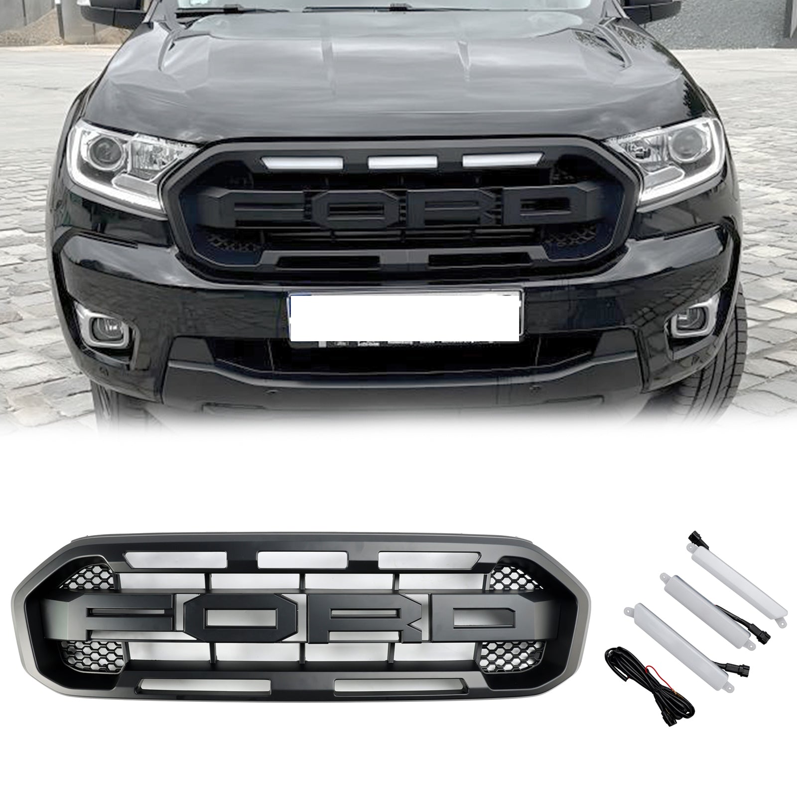 Grille de pare-chocs avant de style Raptor T8 noire Ford Ranger 2019-2023 Grille noire avec 3 lumières LED blanches