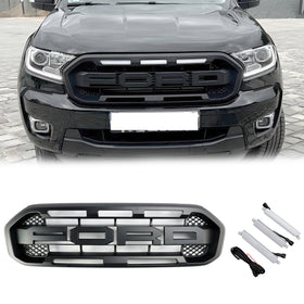 Ford Ranger 2019-2023 Grille de pare-chocs avant Raptor/Nid d'abeille/Grille noire de style maille avec 3 lumières LED blanches