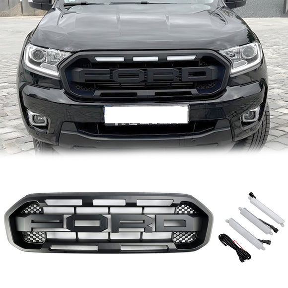 2019-2023 Ford Ranger Black Raptor Style Front Bumper Grill Black Grille W/ 3 White LED Light