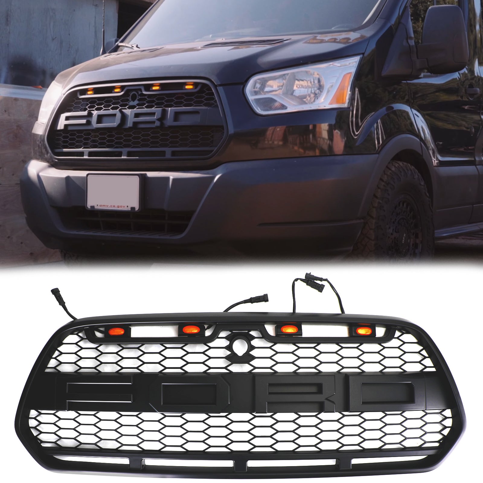 Ford Transit Mk8 2015-2019 Front Bumper Grille Raptor Style Black Grill w/LED