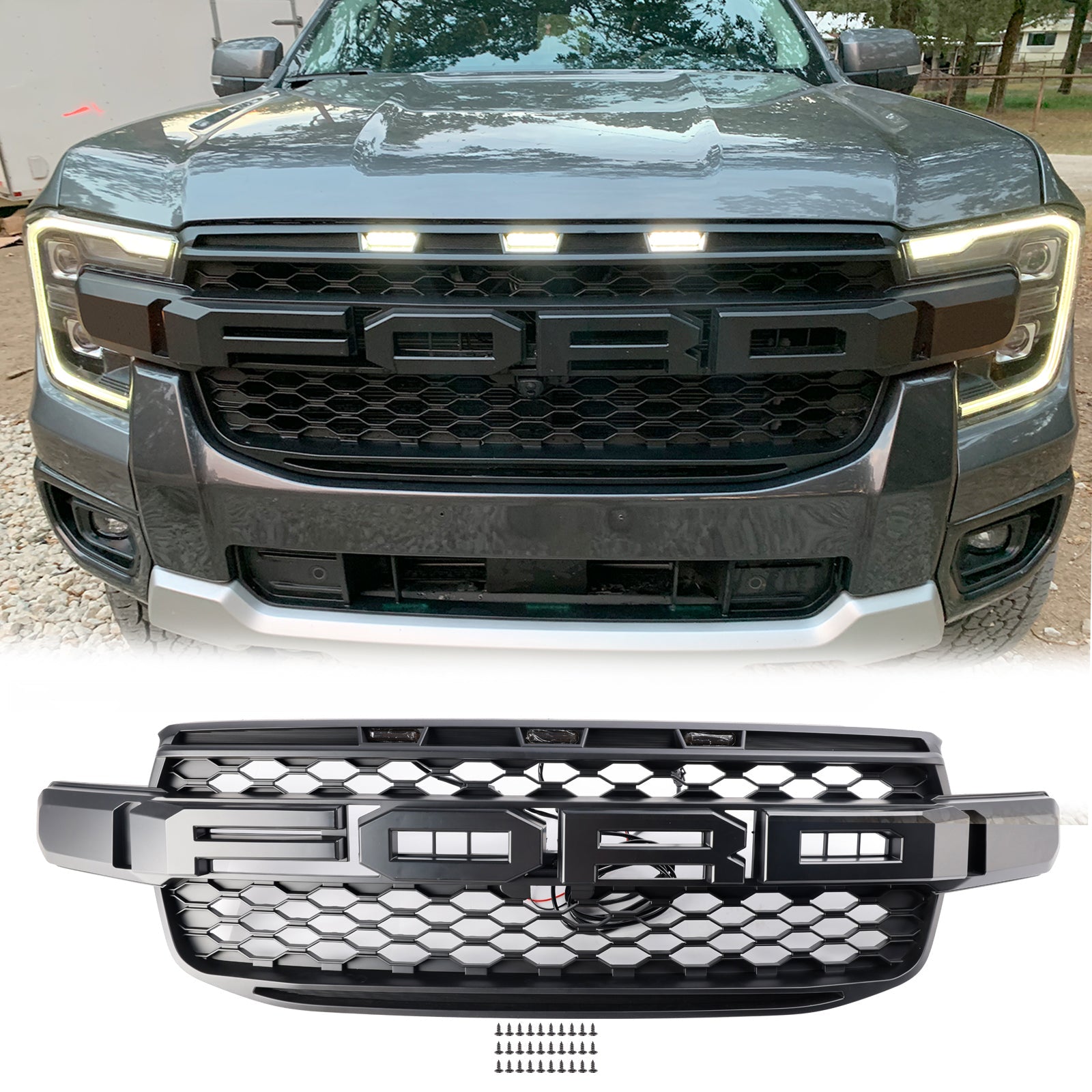 2023-2024 Ford Ranger Next Gen T9 Raptor Style Front Bumper Grill Replacement Black Grille W/ White LED Light