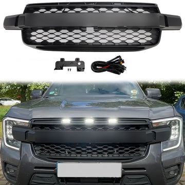 Ford Ranger 2023 2024 2025 Front Grill Raptor Black Grille With White LED Light With Camera Mount & FORD Letter