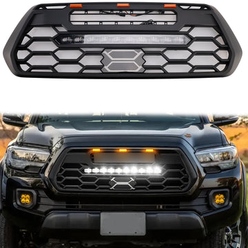 TRD Pro-Lichtleisten-Grill für Toyota Tacoma 2016–2023, schwarzer Frontstoßstangengrill mit LED + Lichtleiste mit Toyota-Buchstabe