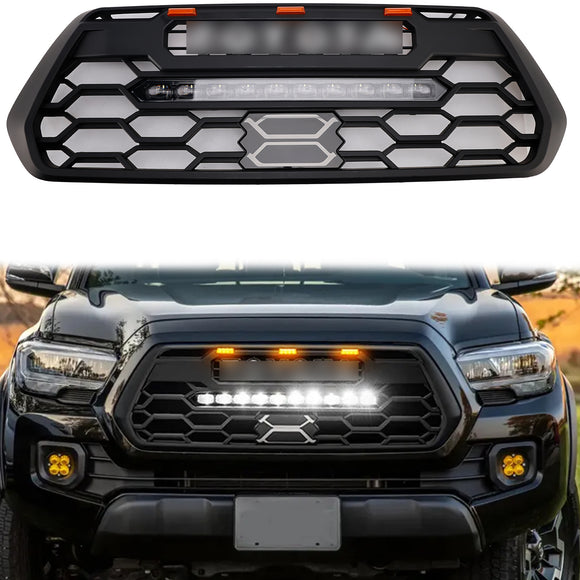 Griglia paraurti anteriore stile TRD PRO per Toyota Tacoma 3a generazione 2016-2023, griglia nera con LED & Barra luminosa