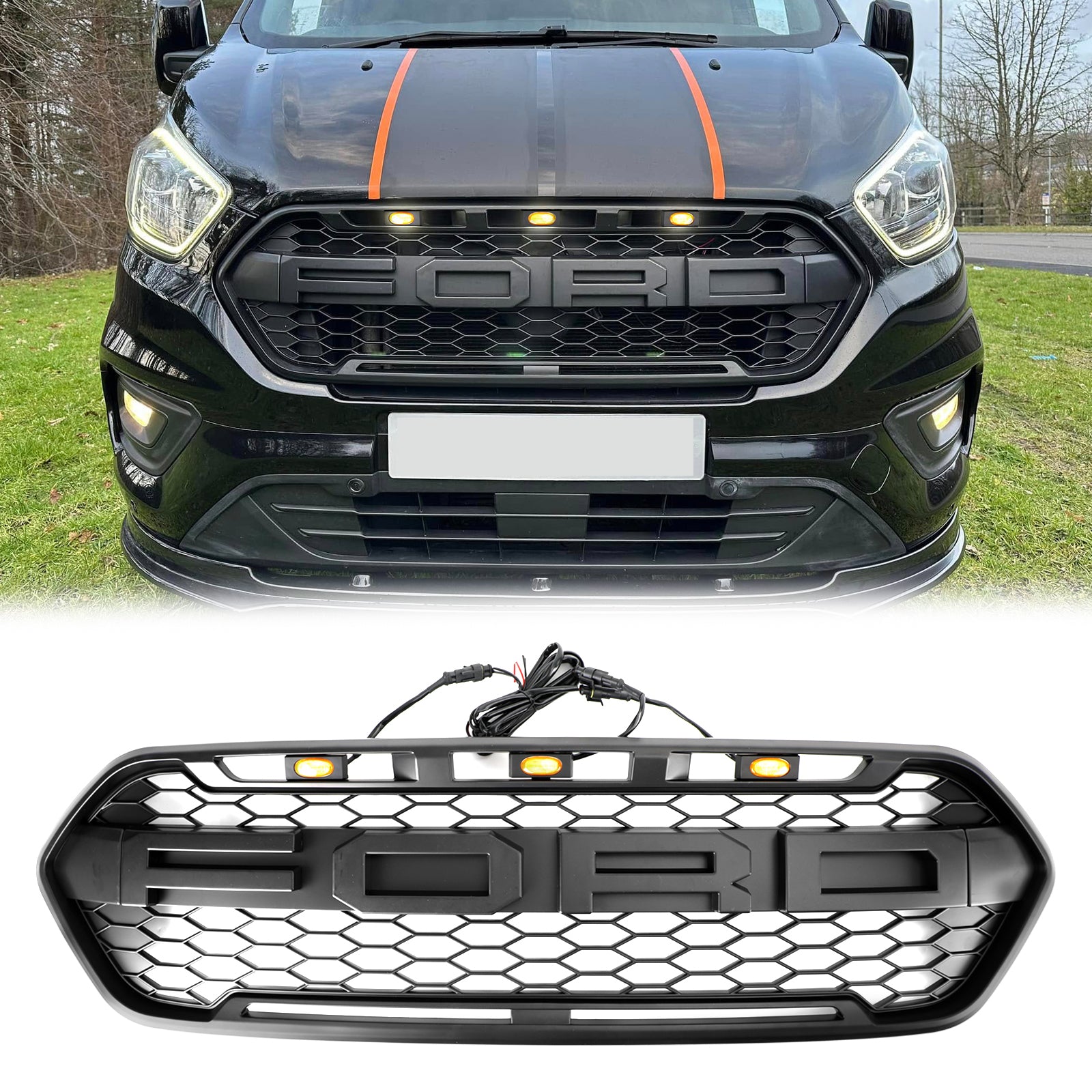 2018-2023 Ford Transit Custom Raptor Style Grill Matte Black Front Challed Bumper W/3led