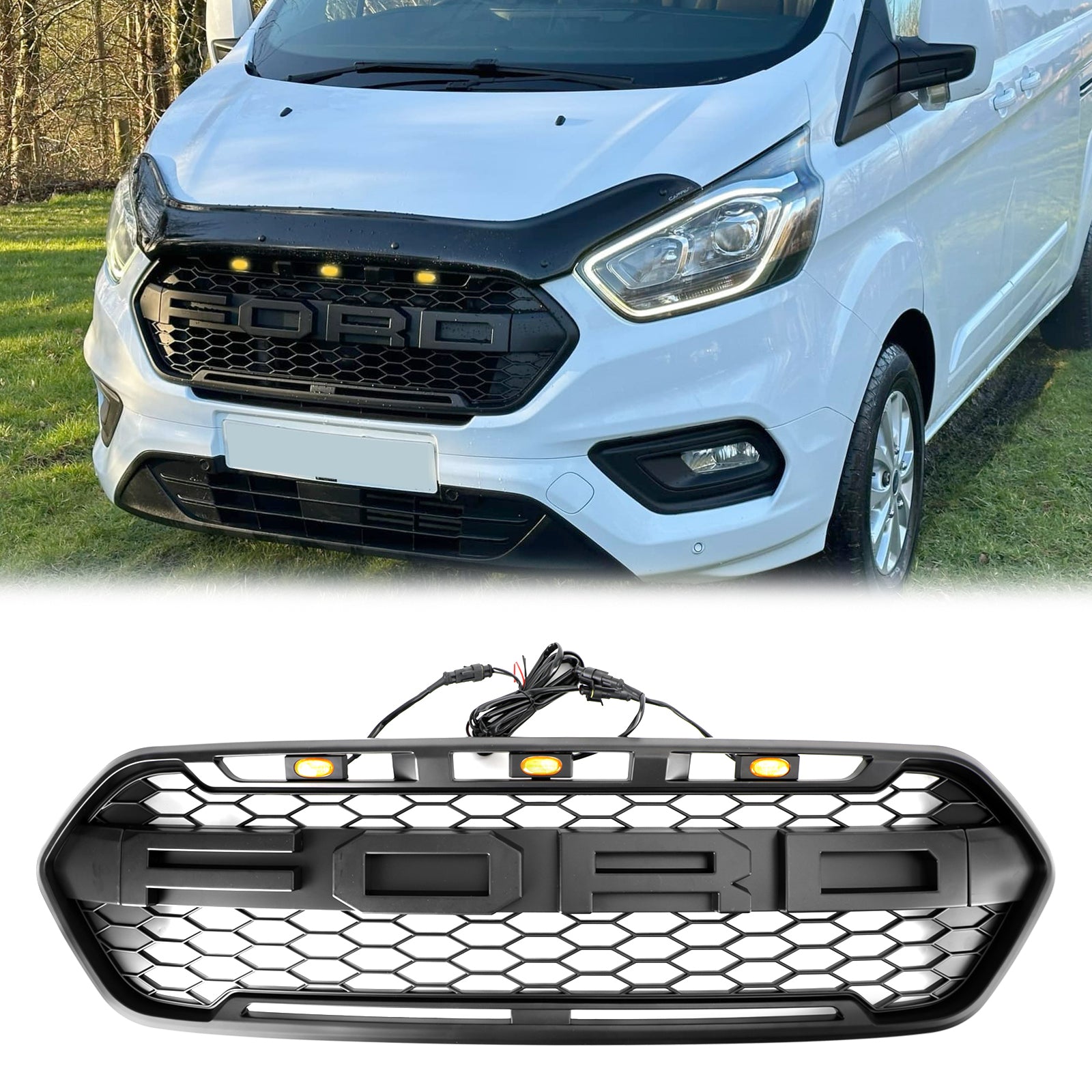 2018-2023 Ford Transit Custom Raptor Style Grill Matte Black Front Challed Bumper W/3led