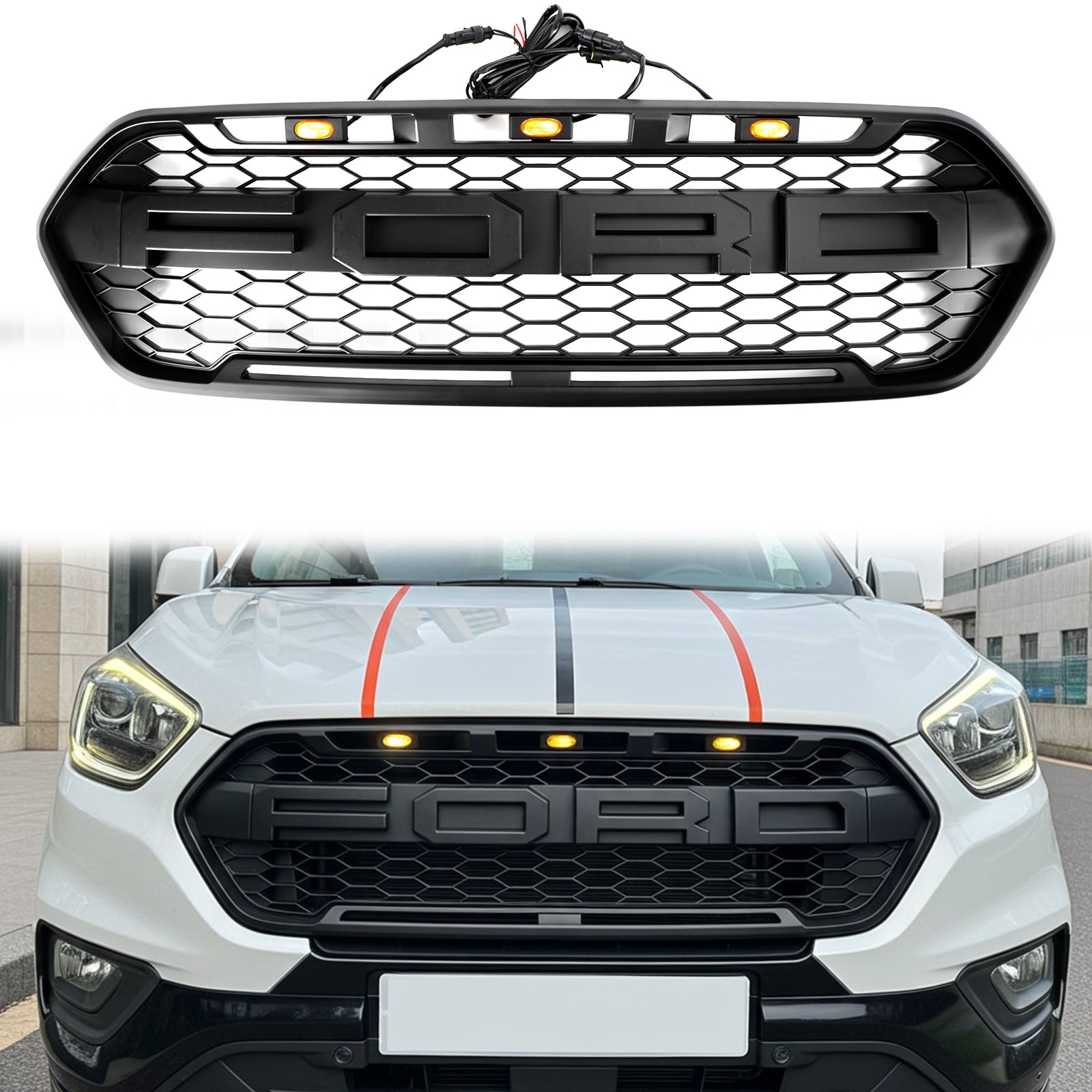 Ford Transit 2018-2023 Custom Raptor Front Grill Black Front Bumper Replacement Grille With Led Light